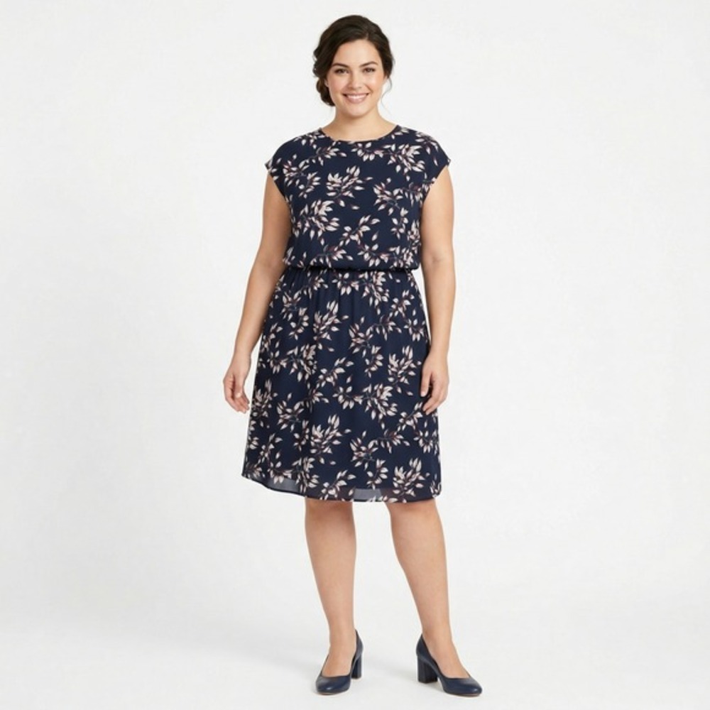 Collective Concepts Navy Leaf Print Elastic Waist Dress 2X DS4805-10X
